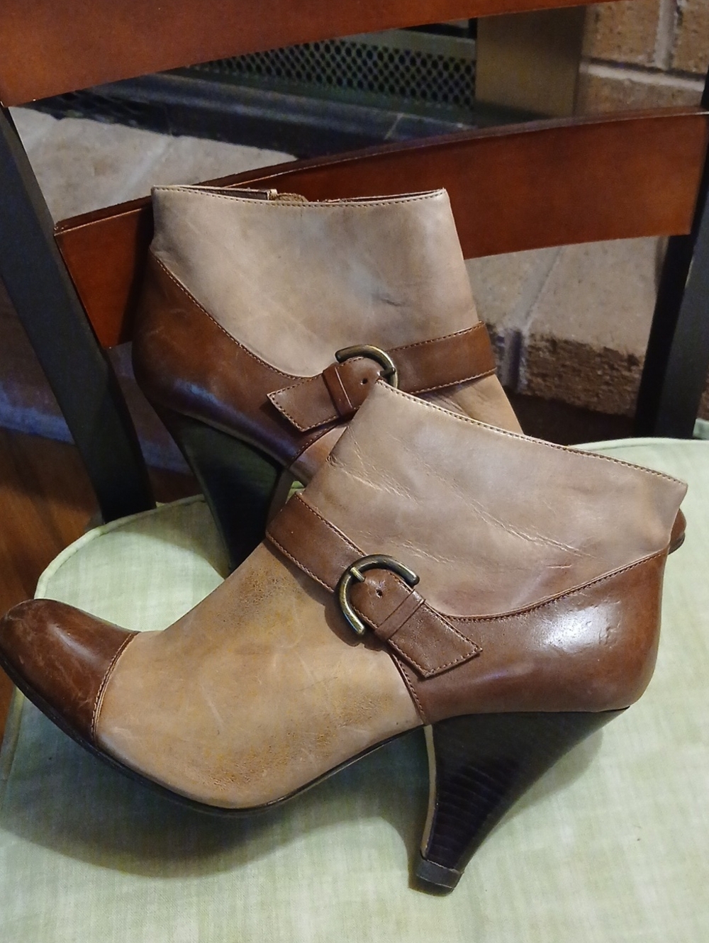 Women’s Two-Tone Brown Leather Ankle Booties with Buckle. Max Studio